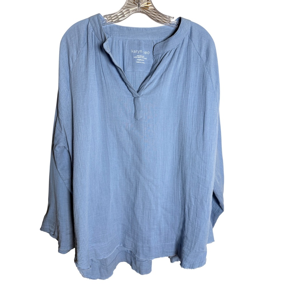 Karyn Seo Blouse Womens Medium Blue 100% Cotton Boho Gauze Split Neck Top